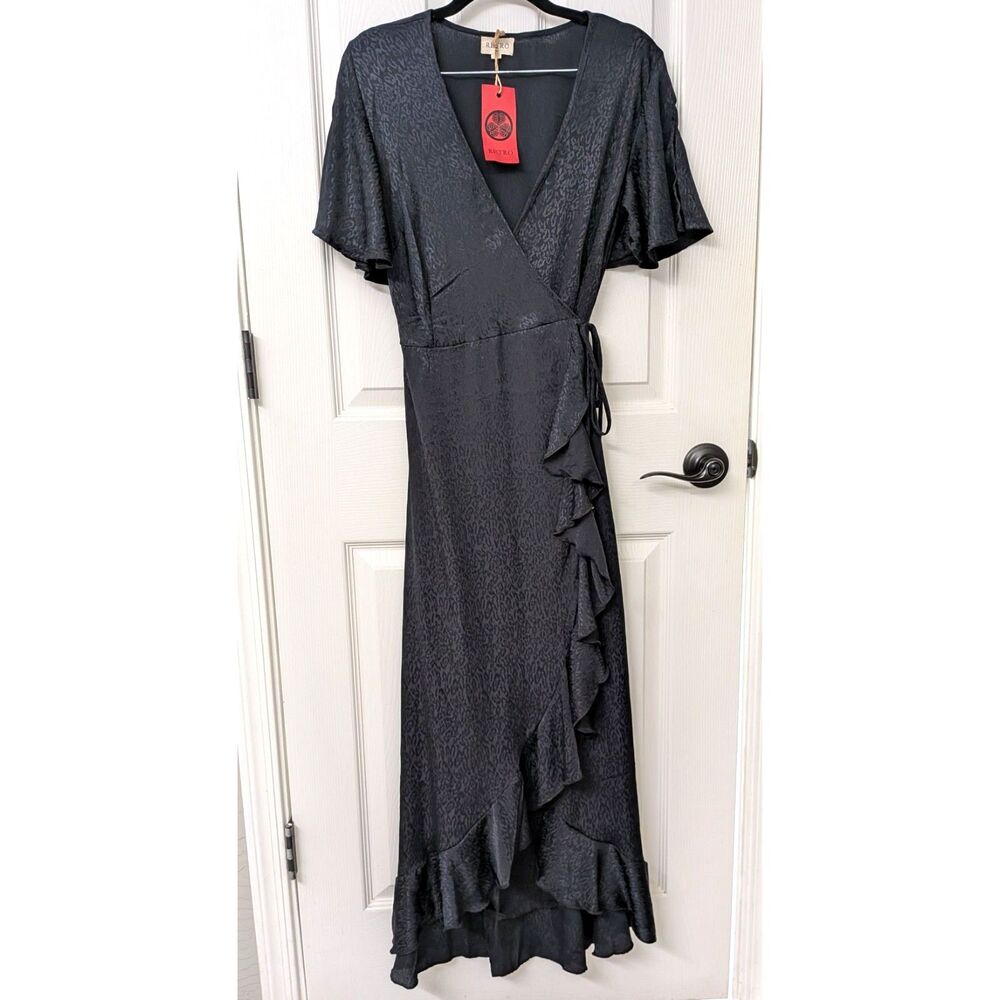 NWT Retro Leopard High Low Wrap Silk Dress Bell Split Sleeve Ruffle Pinup SZ S